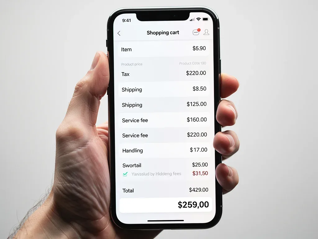Smartphone screen showing transparent e-commerce pricing with all fees clearly listed.