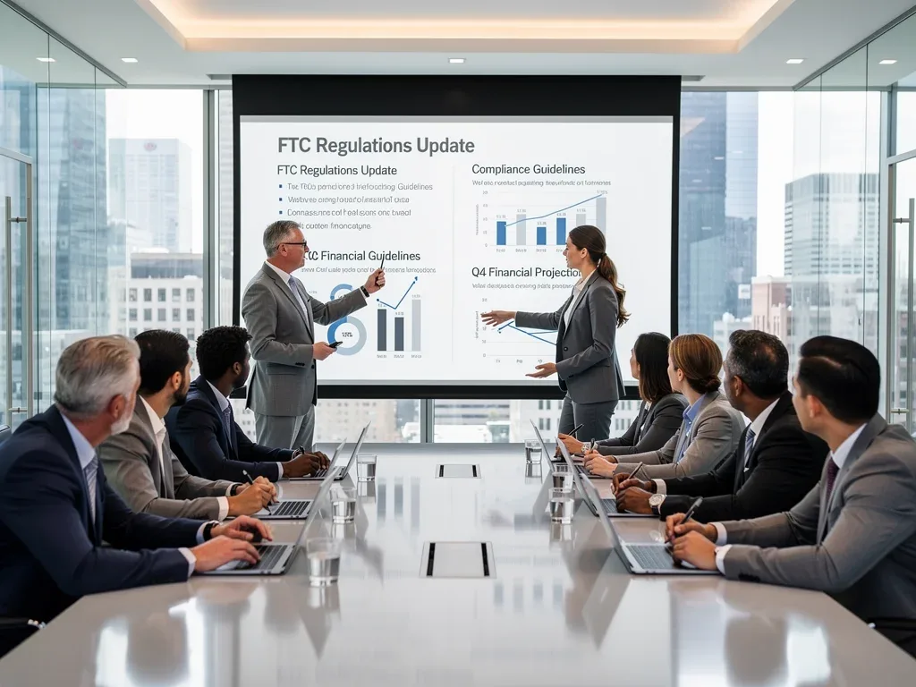 Marketing team reviewing new FTC compliance guidelines for digital ads
