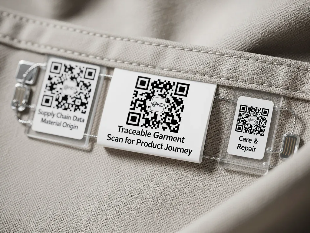 Close-up of garment label with traceability QR codes and RFID tags