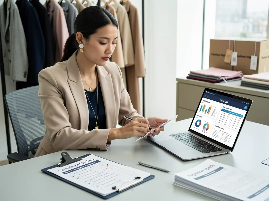 Business professional reviewing compliance documents for fashion import regulations
