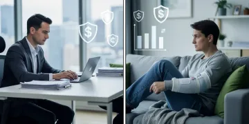 Split image illustrating active work versus disability, with financial symbols representing salary protection.