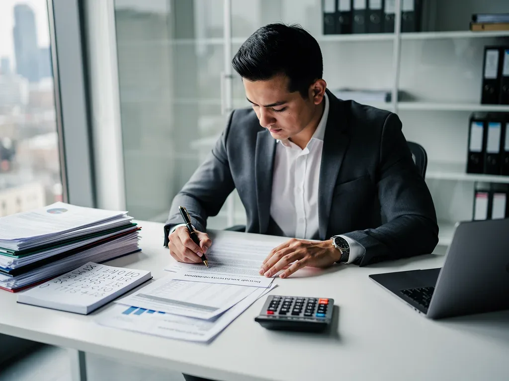 Person calculating disability benefits on a calculator with policy documents.