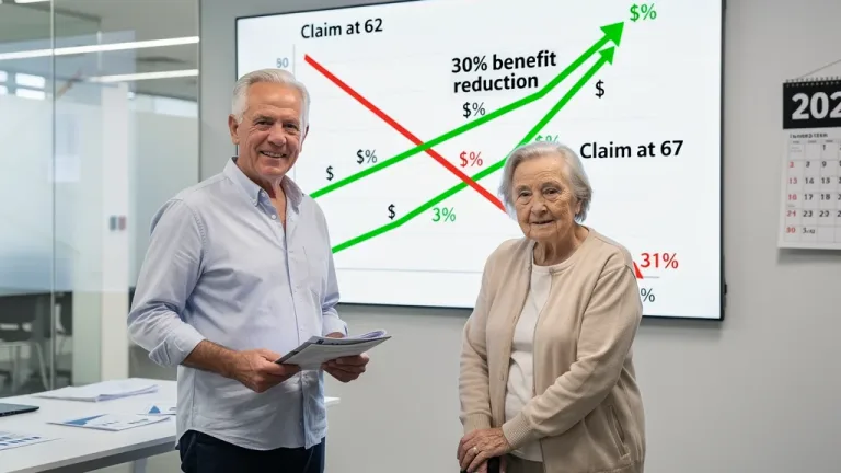 Graph comparing Social Security benefits at age 62 versus 67, showing a 30% reduction.