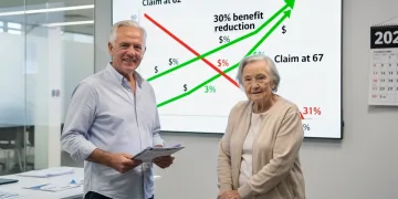 Graph comparing Social Security benefits at age 62 versus 67, showing a 30% reduction.
