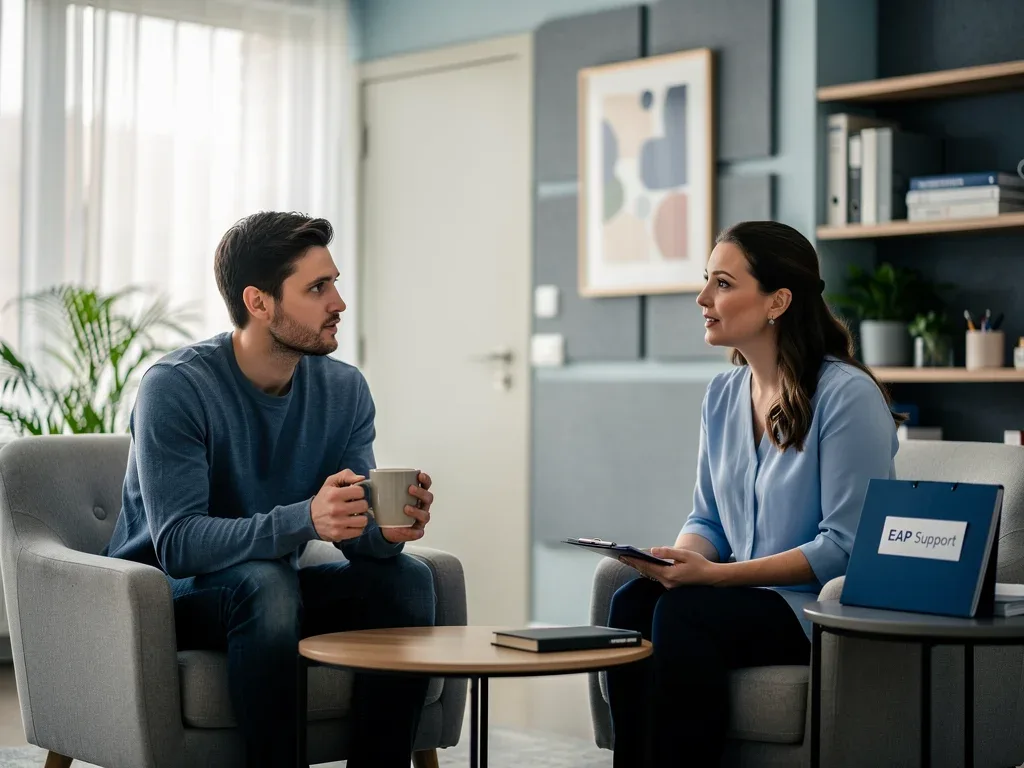Individual engaging in a confidential therapy session through EAP.