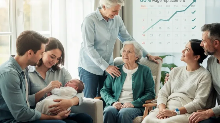 Diverse individuals benefiting from paid family leave, representing care for newborns, elderly relatives, and personal illness.