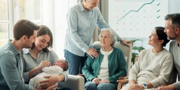 Diverse individuals benefiting from paid family leave, representing care for newborns, elderly relatives, and personal illness.