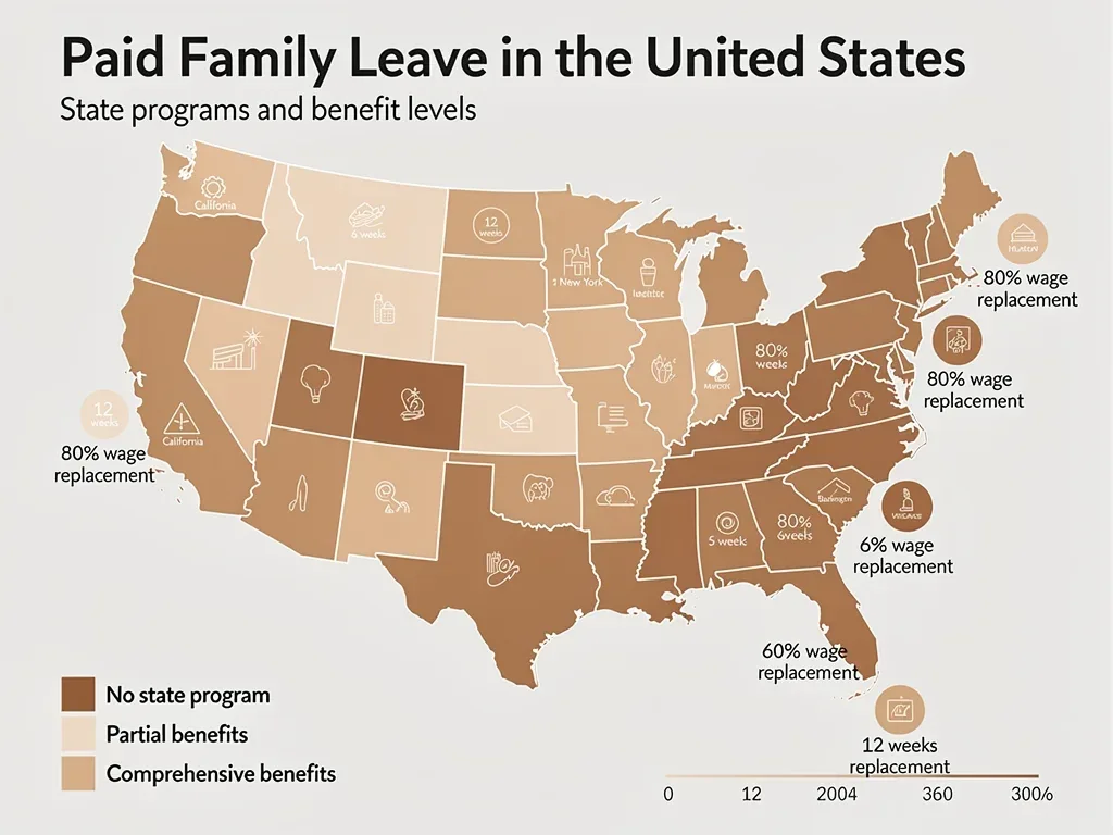 Map of US states showing varying paid family leave policies and benefits.