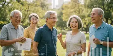 Happy retirees discussing finances in a park, symbolizing savings on Medicare Part B premiums.