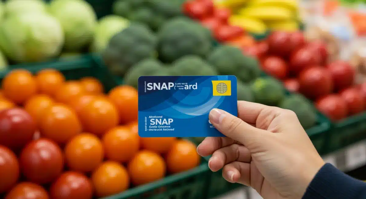 Hand holding an EBT card at a grocery store, symbolizing access to healthy food.