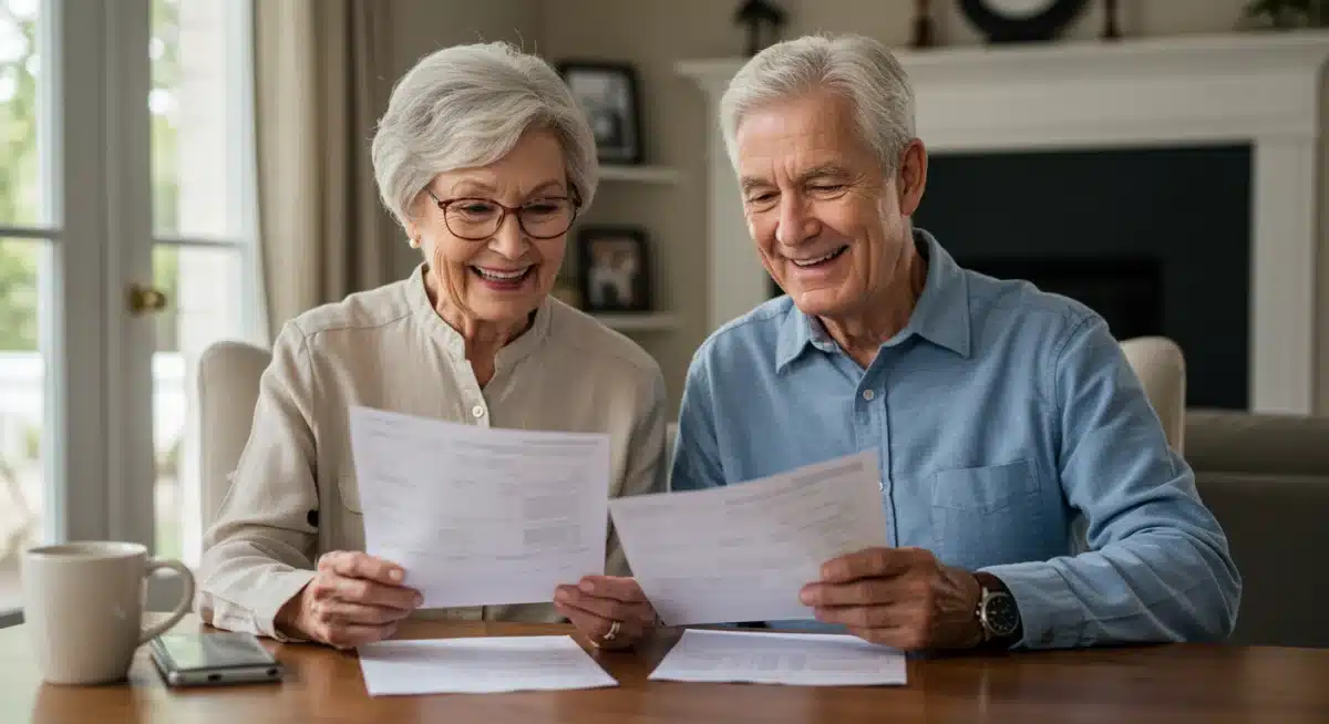 Senior couple reviewing financial documents, understanding their federal benefits and the 2026 COLA Increase.