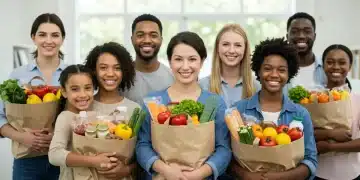 Families and individuals benefiting from SNAP, holding groceries with smiles, symbolizing food security.