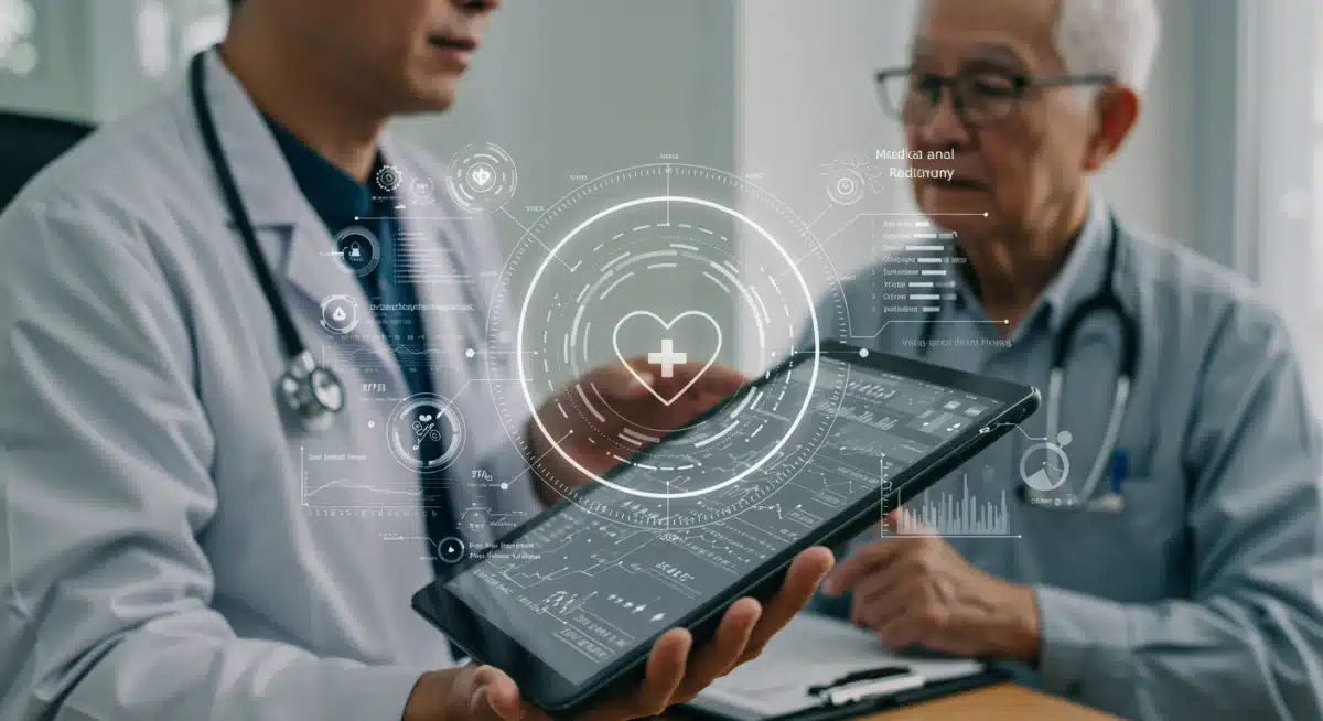 Doctor explaining digital health records to a veteran.