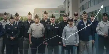Veterans gathered in front of a modern VA facility, representing new benefits and healthcare programs.