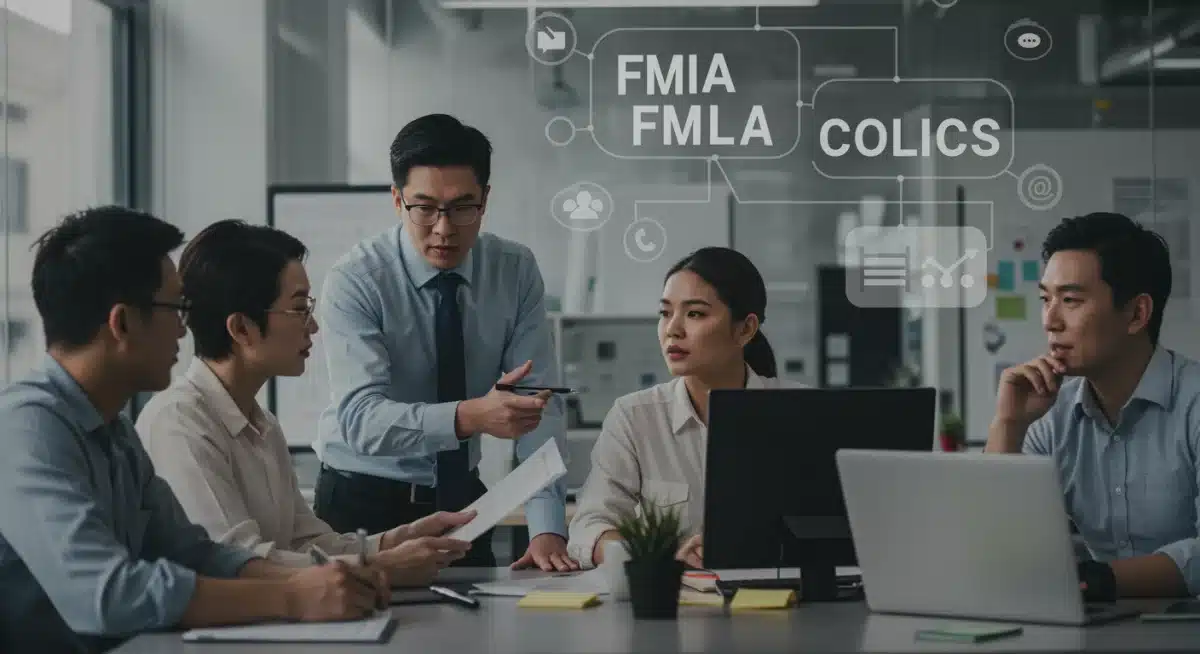 Diverse employees discussing new FMLA regulations in a modern office setting.