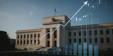 Federal Reserve building with financial graphs showing shifting rate hike expectations.