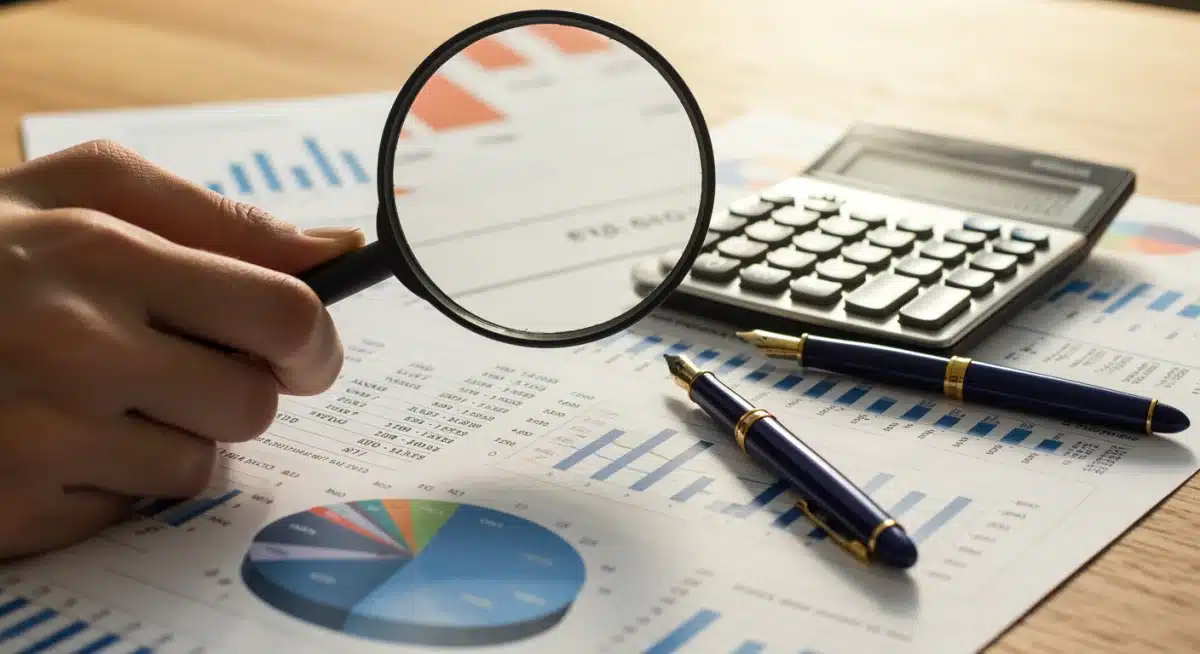 Hand with magnifying glass analyzing financial documents and charts