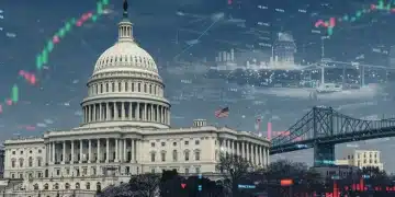 US Capitol Building amidst digital financial data and infrastructure graphics, symbolizing the 2027 infrastructure spending bill.