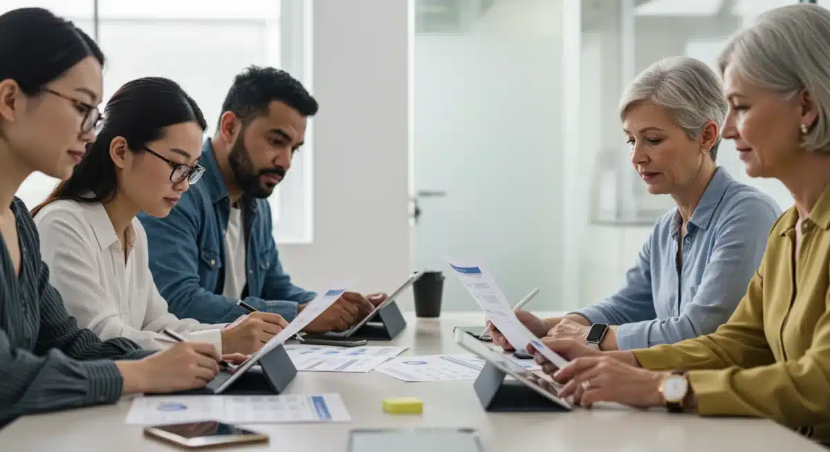 Consumers reviewing financial data on secure tablets