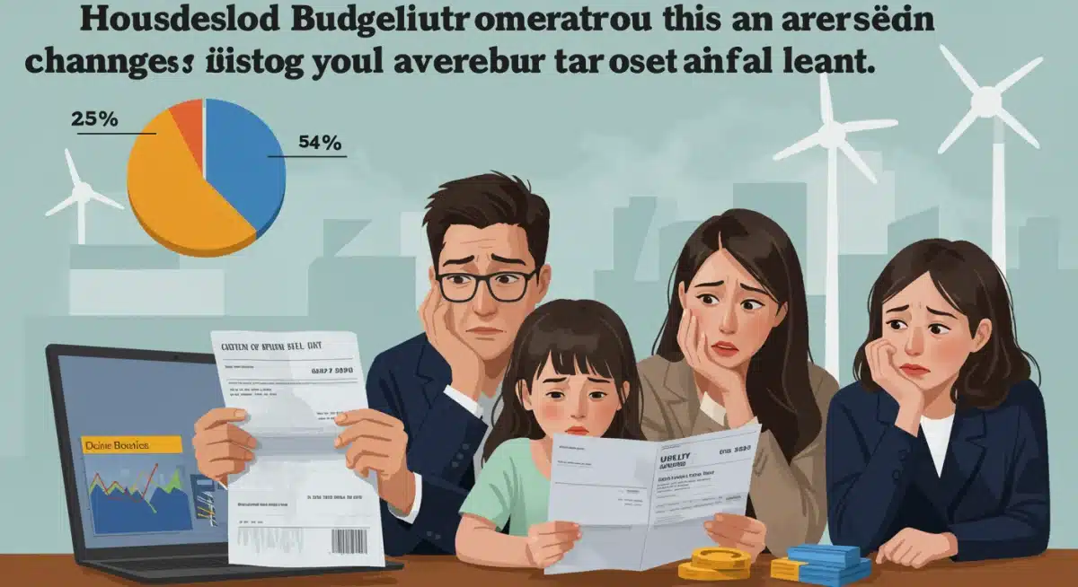 Illustration of a family's budget impacted by higher energy bills, depicting financial strain and increased utility expenses.