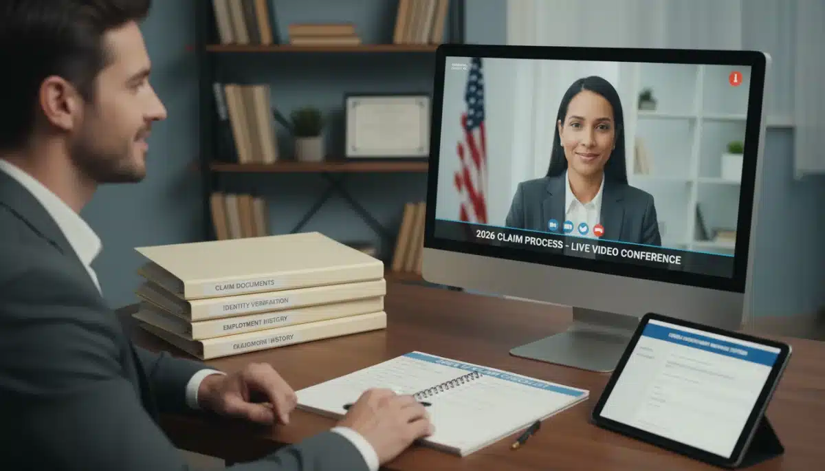 Person on video call with government official, discussing unemployment claim documentation
